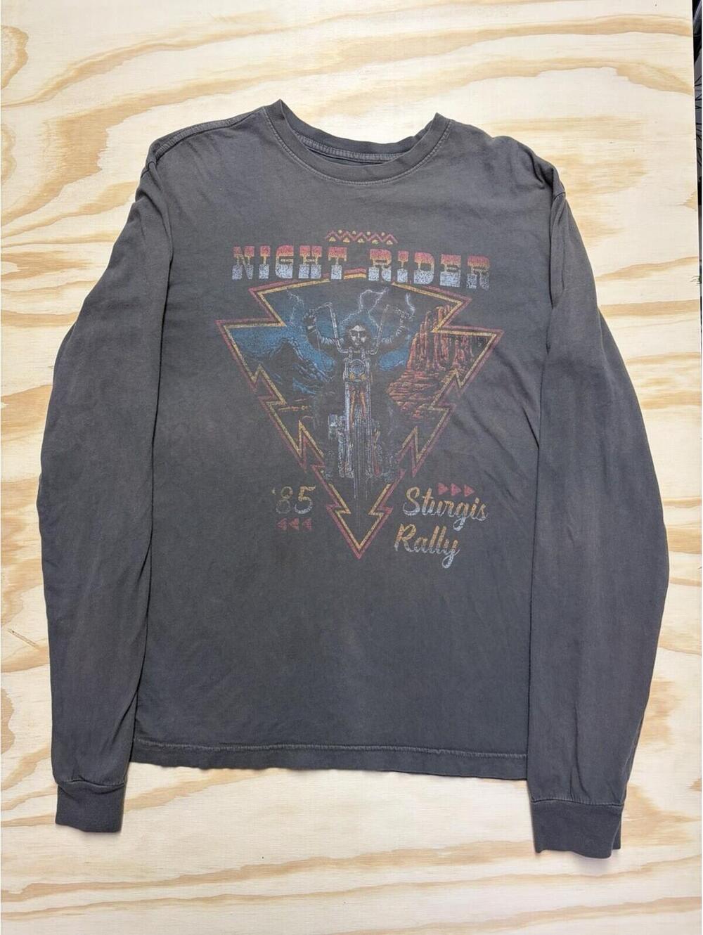 American Highway MensM 1985 Night Rider Sturgis Rally Black Long Sleeve Crewneck